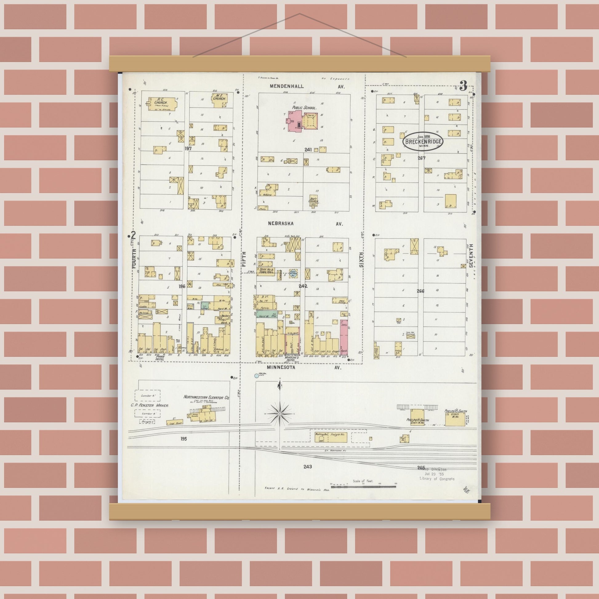 Old map wall art mockup — magnetic wood frame on brick wall — Sanborn Fire Insurance Map from Breckenridge, Wilkin County, Minnesota (1898), Sheet #0003
