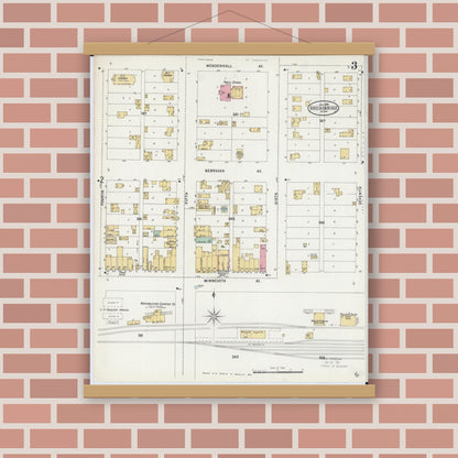 Old map wall art mockup — magnetic wood frame on brick wall — Sanborn Fire Insurance Map from Breckenridge, Wilkin County, Minnesota (1898), Sheet #0003