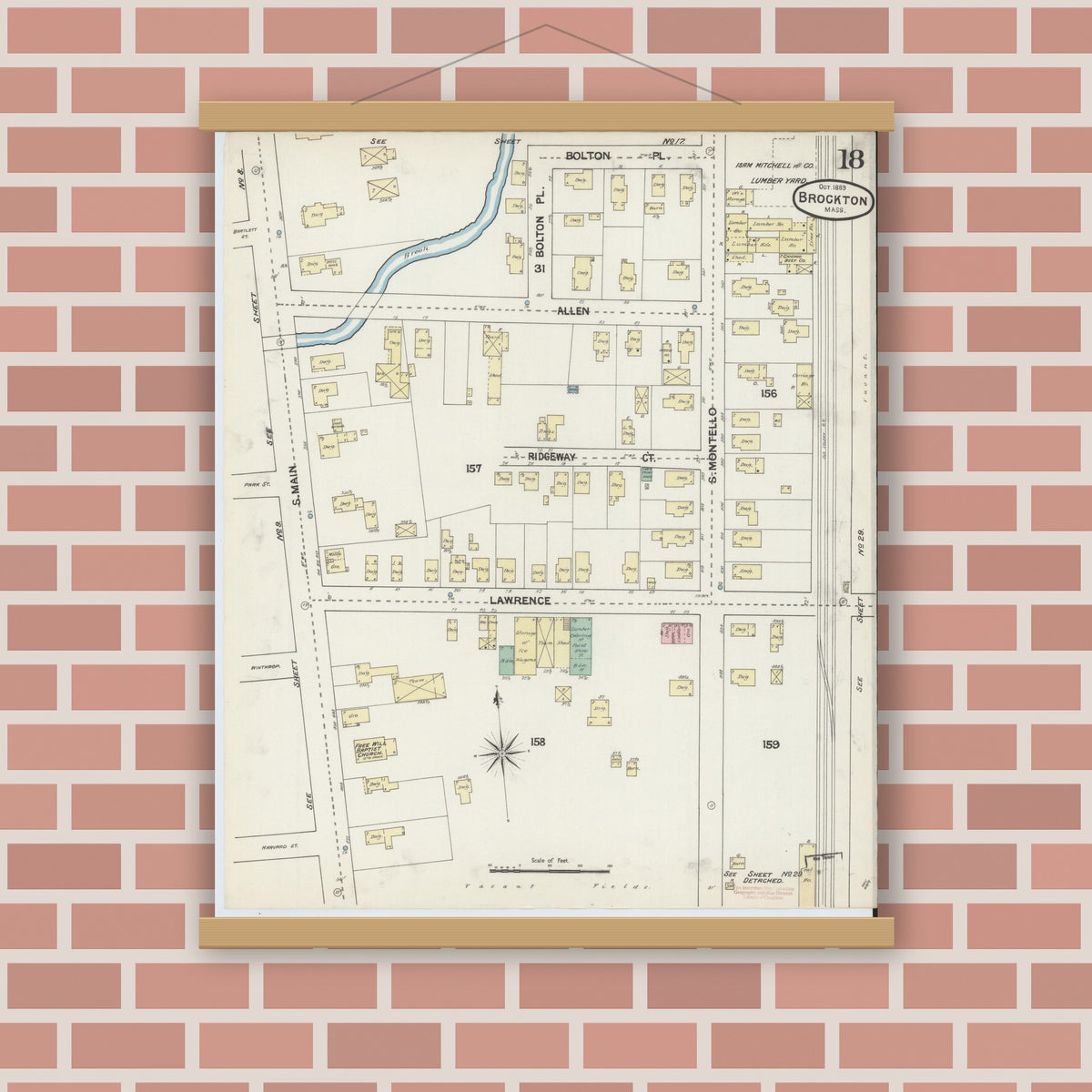 Old map wall art mockup — magnetic wood frame on brick wall — Sanborn Fire Insurance Map from Brockton, Plymouth County, Massachusetts (1889), Sheet #0018