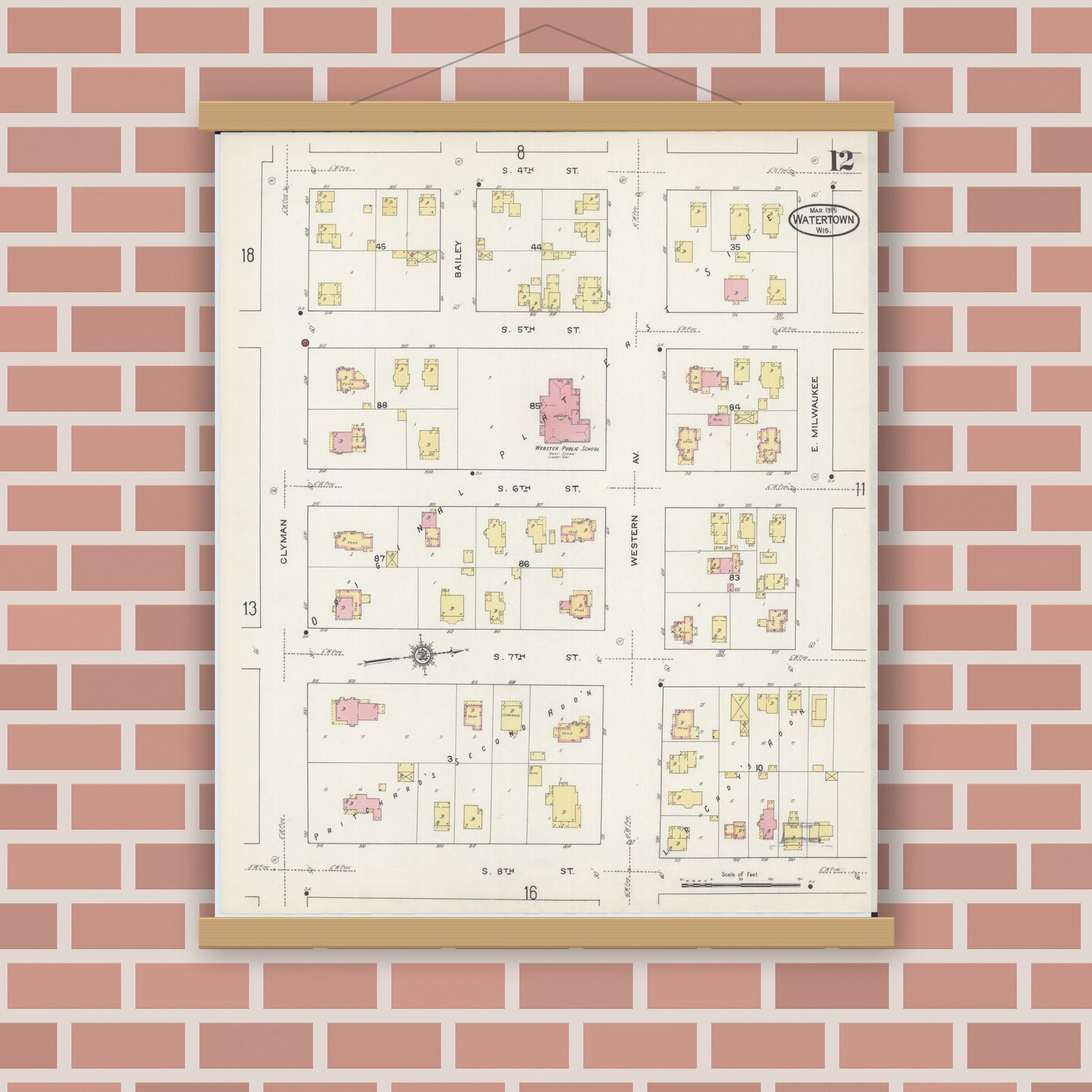 Old map wall art mockup — magnetic wood frame on brick wall — Sanborn Fire Insurance Map from Watertown, Jefferson County, Wisconsin (1915), Sheet #0013