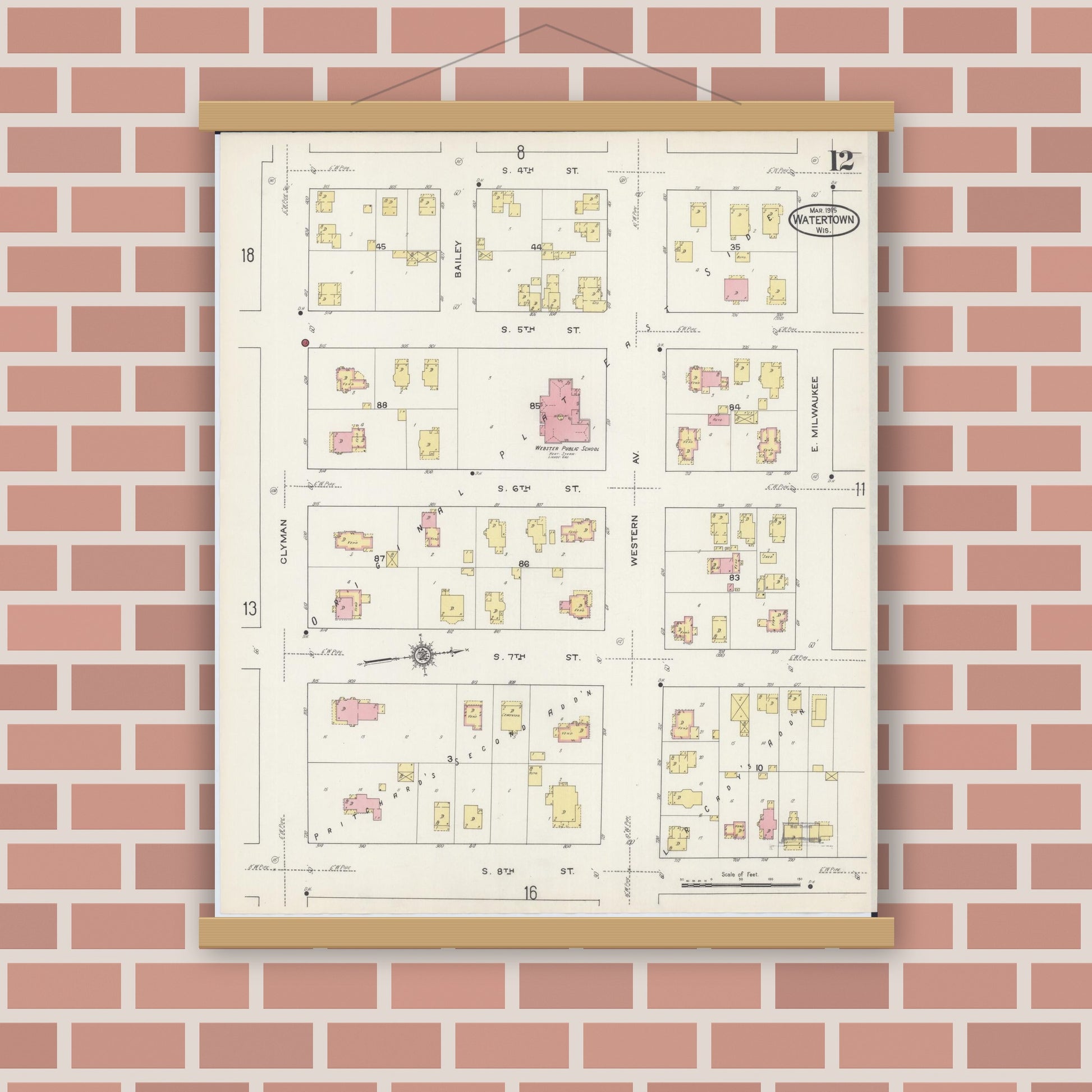 Old map wall art mockup — magnetic wood frame on brick wall — Sanborn Fire Insurance Map from Watertown, Jefferson County, Wisconsin (1915), Sheet #0013