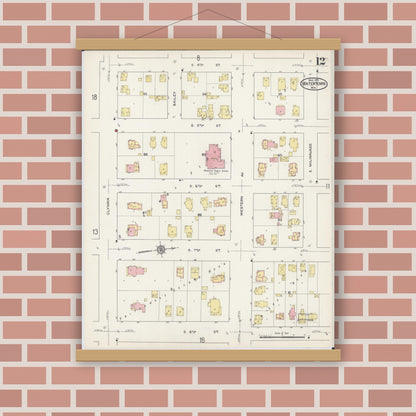 Old map wall art mockup — magnetic wood frame on brick wall — Sanborn Fire Insurance Map from Watertown, Jefferson County, Wisconsin (1915), Sheet #0013