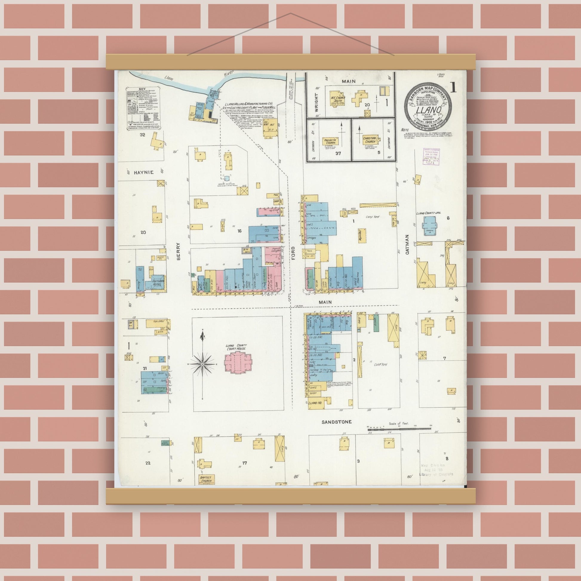 Old map wall art mockup — magnetic wood frame on brick wall — Sanborn Fire Insurance Map from Llano, Llano County, Texas (1905), Sheet #0001
