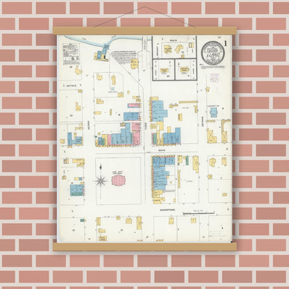 Old map wall art mockup — magnetic wood frame on brick wall — Sanborn Fire Insurance Map from Llano, Llano County, Texas (1905), Sheet #0001