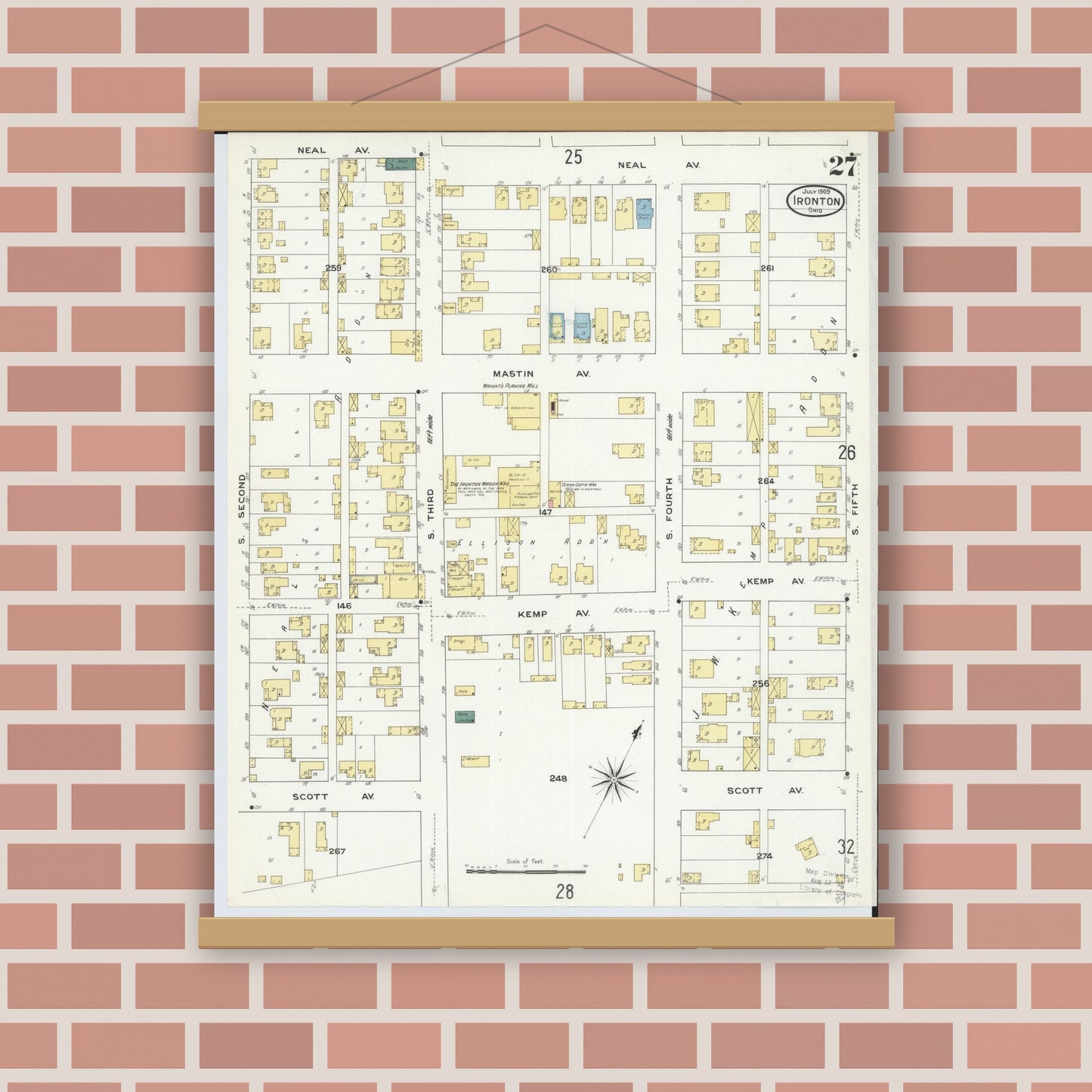 Old map wall art mockup — magnetic wood frame on brick wall — Sanborn Fire Insurance Map from Ironton, Lawrence County, Ohio (1909), Sheet #0027