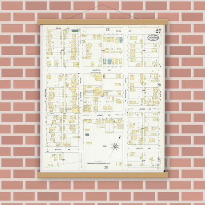 Old map wall art mockup — magnetic wood frame on brick wall — Sanborn Fire Insurance Map from Ironton, Lawrence County, Ohio (1909), Sheet #0027