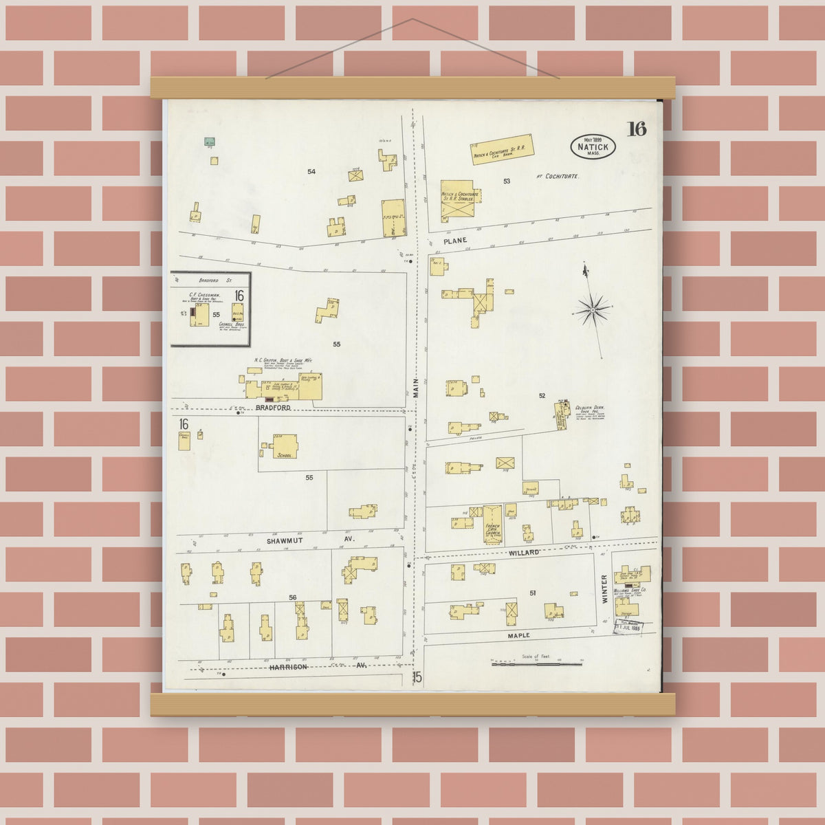 Old map wall art mockup — magnetic wood frame on brick wall — Sanborn Fire Insurance Map from Natick, Middlesex County, Massachusetts (1899), Sheet #0016