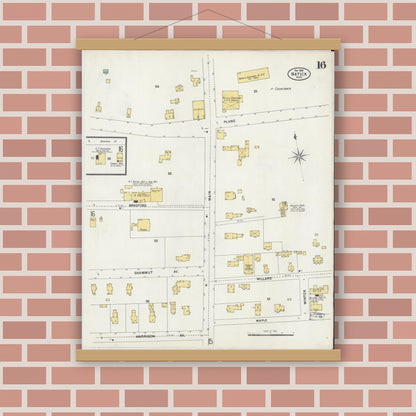 Old map wall art mockup — magnetic wood frame on brick wall — Sanborn Fire Insurance Map from Natick, Middlesex County, Massachusetts (1899), Sheet #0016