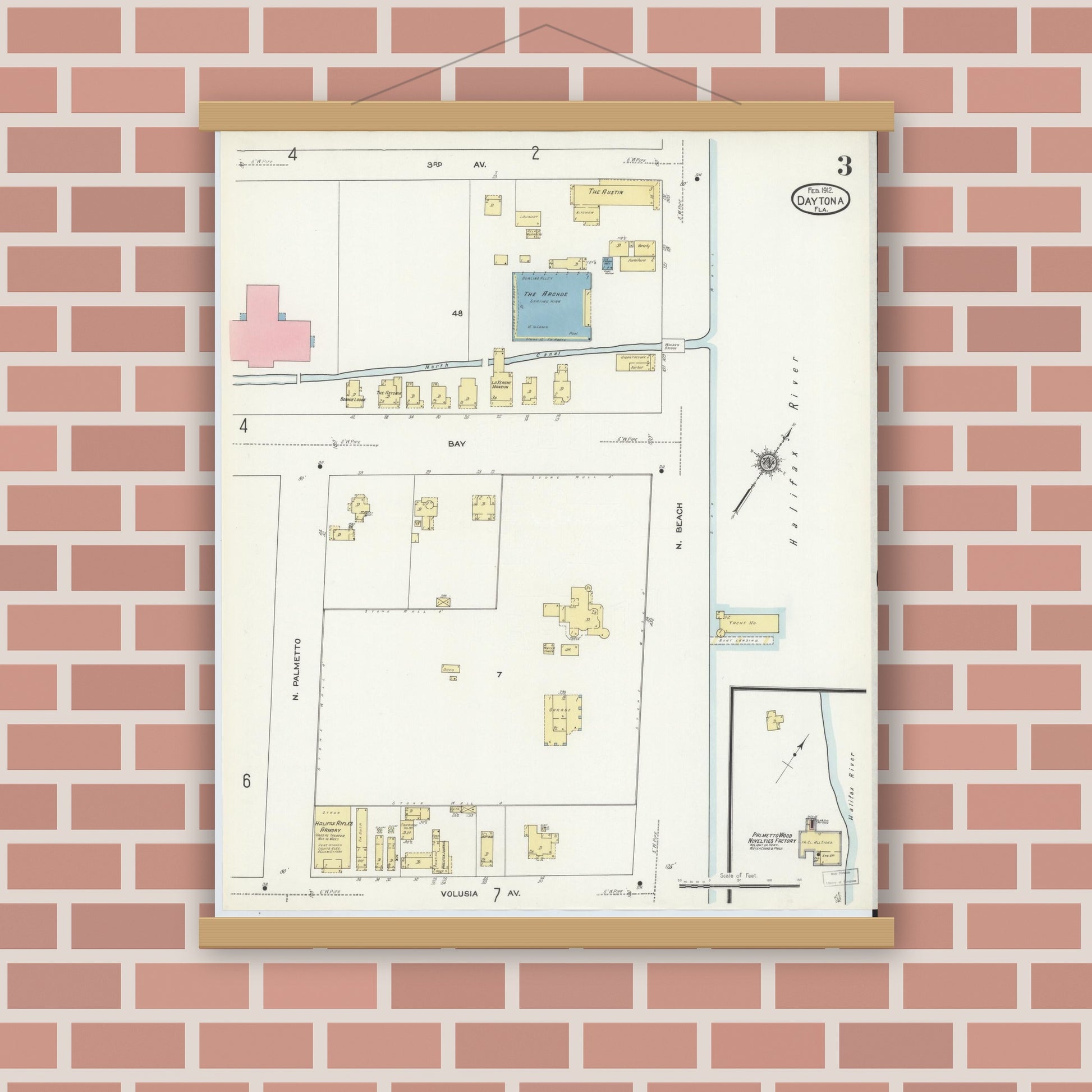 Old map wall art mockup — magnetic wood frame on brick wall — Sanborn Fire Insurance Map from Daytona, Volusia County, Florida (1912), Sheet #0003