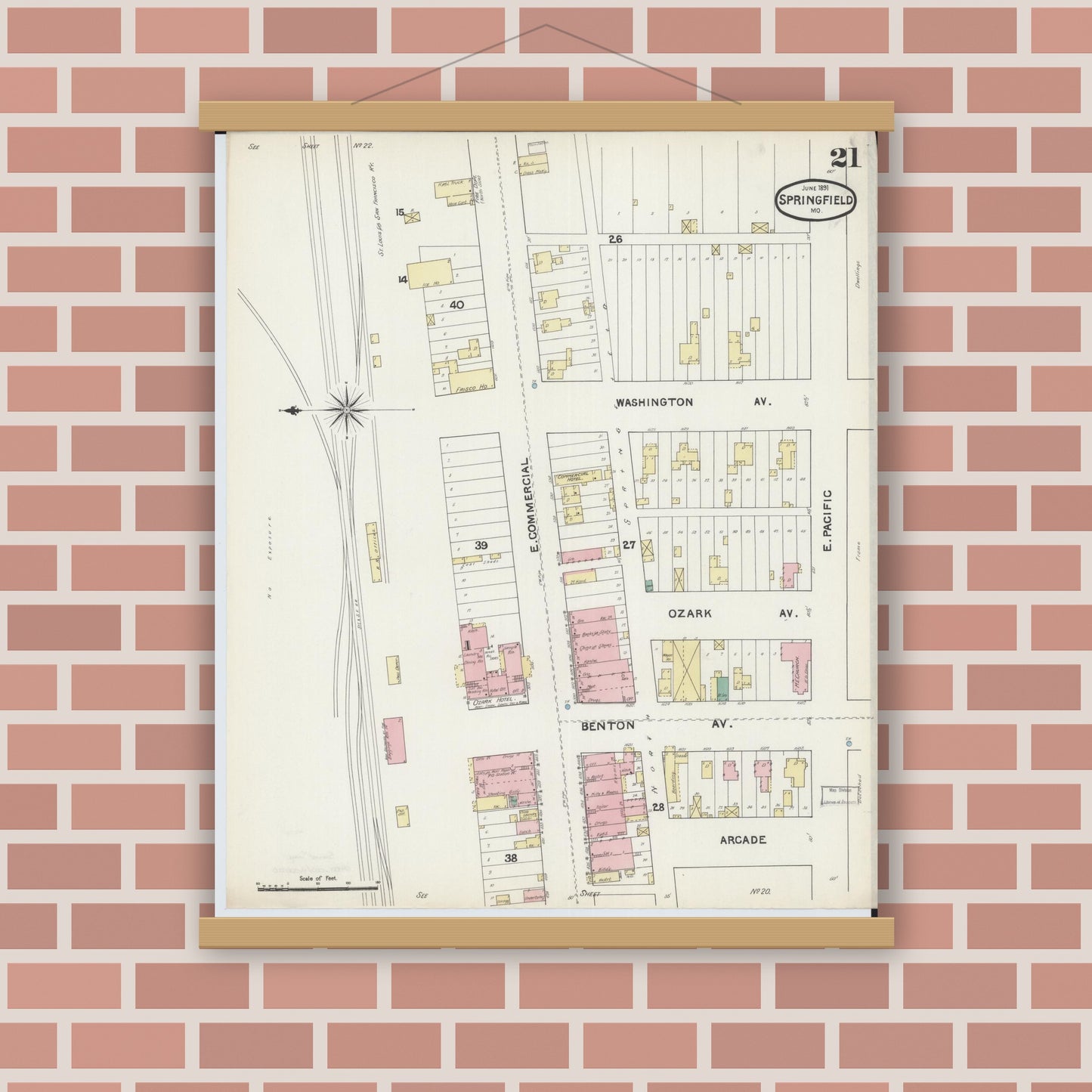 Old map wall art mockup — magnetic wood frame on brick wall — Sanborn Fire Insurance Map from Springfield, Greene County, Missouri (1891), Sheet #0021