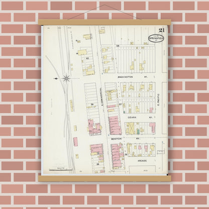 Old map wall art mockup — magnetic wood frame on brick wall — Sanborn Fire Insurance Map from Springfield, Greene County, Missouri (1891), Sheet #0021