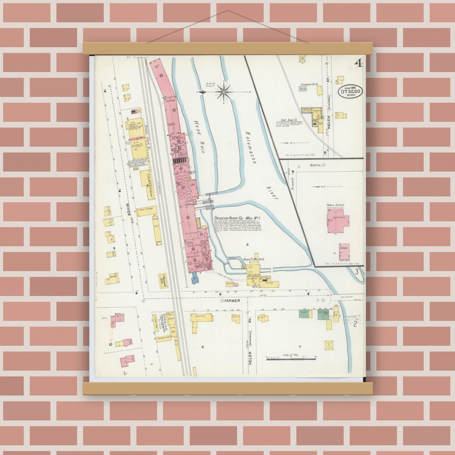 Old map wall art mockup — magnetic wood frame on brick wall — Sanborn Fire Insurance Map from Otsego, Allegan County, Michigan (1906), Sheet #0004