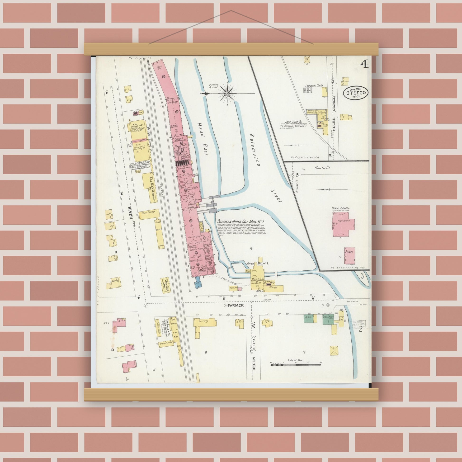 Old map wall art mockup — magnetic wood frame on brick wall — Sanborn Fire Insurance Map from Otsego, Allegan County, Michigan (1906), Sheet #0004