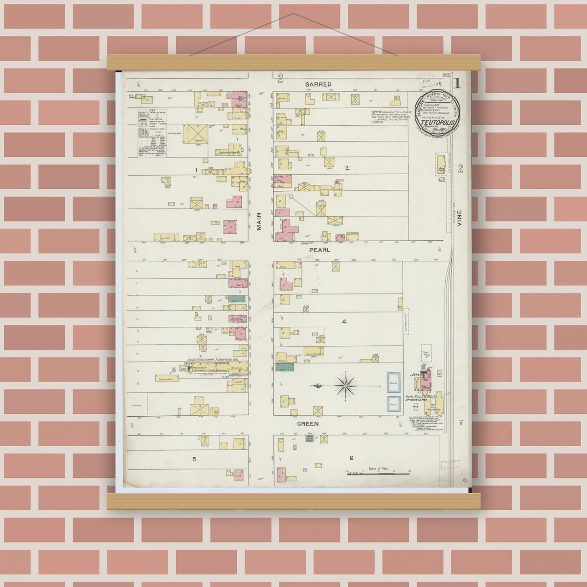 Old map wall art mockup — magnetic wood frame on brick wall — Sanborn Fire Insurance Map from Teutopolis, Effingham County, Illinois (1893), Sheet #0001