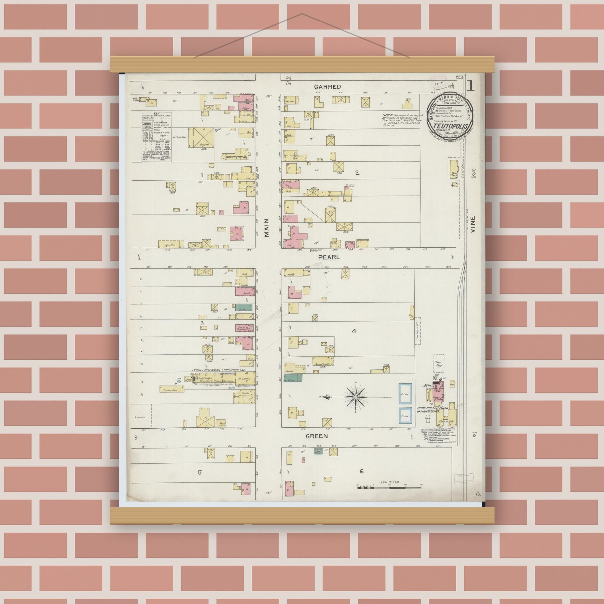 Old map wall art mockup — magnetic wood frame on brick wall — Sanborn Fire Insurance Map from Teutopolis, Effingham County, Illinois (1893), Sheet #0001