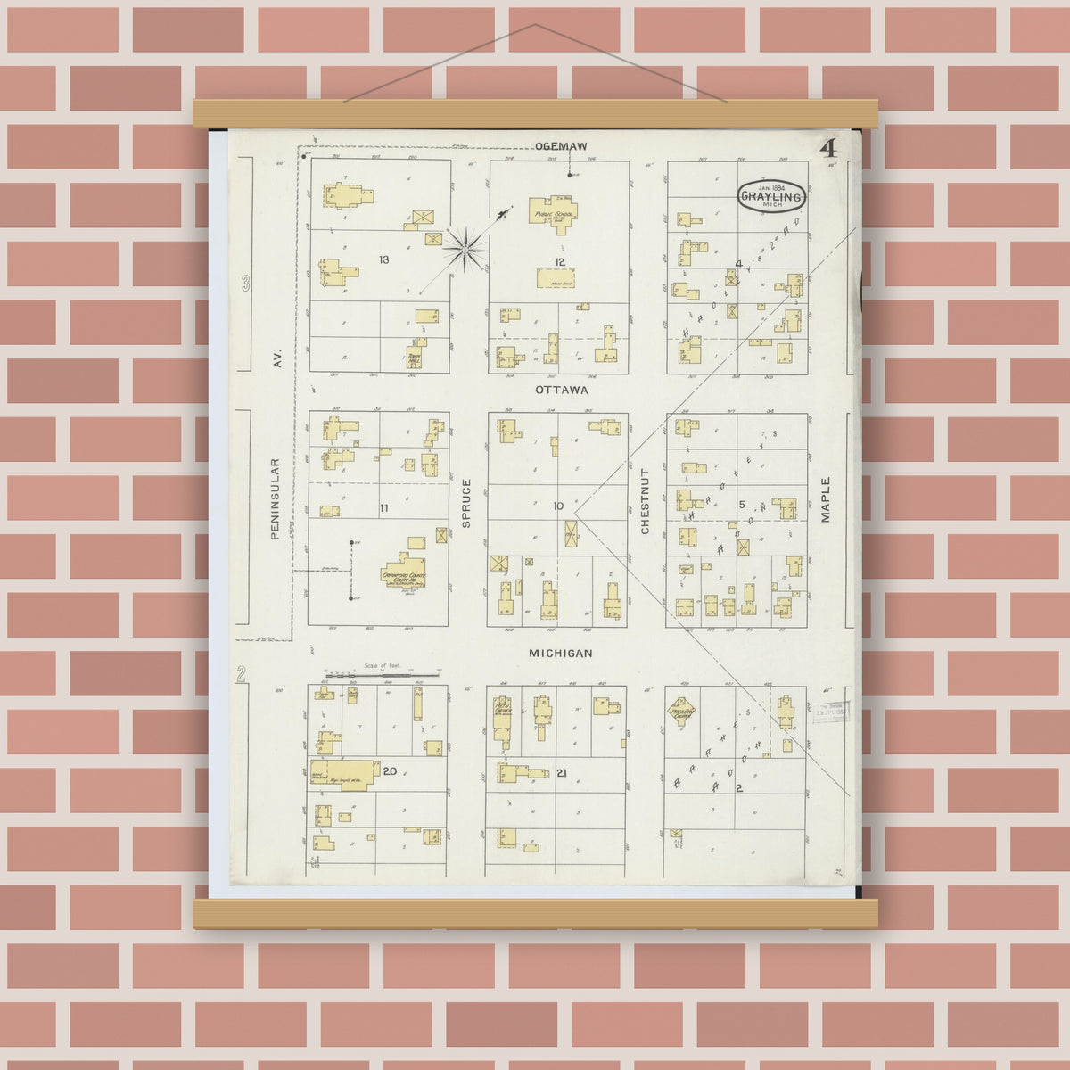 Old map wall art mockup — magnetic wood frame on brick wall — Sanborn Fire Insurance Map from Grayling, Crawford County, Michigan (1894), Sheet #0004