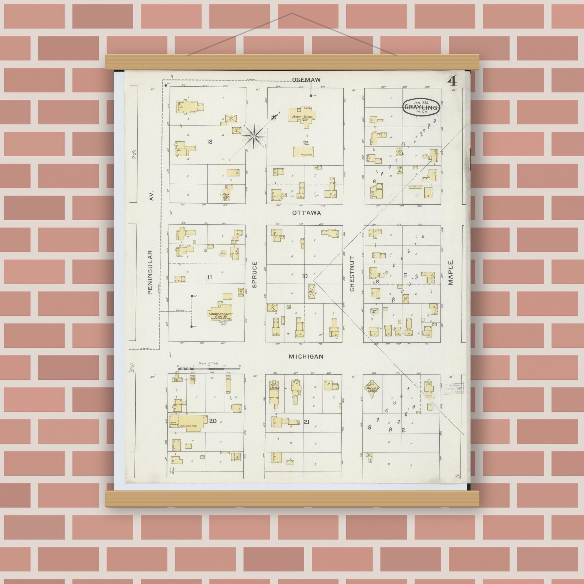 Old map wall art mockup — magnetic wood frame on brick wall — Sanborn Fire Insurance Map from Grayling, Crawford County, Michigan (1894), Sheet #0004