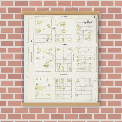 Old map wall art mockup — magnetic wood frame on brick wall — Sanborn Fire Insurance Map from Grayling, Crawford County, Michigan (1894), Sheet #0004