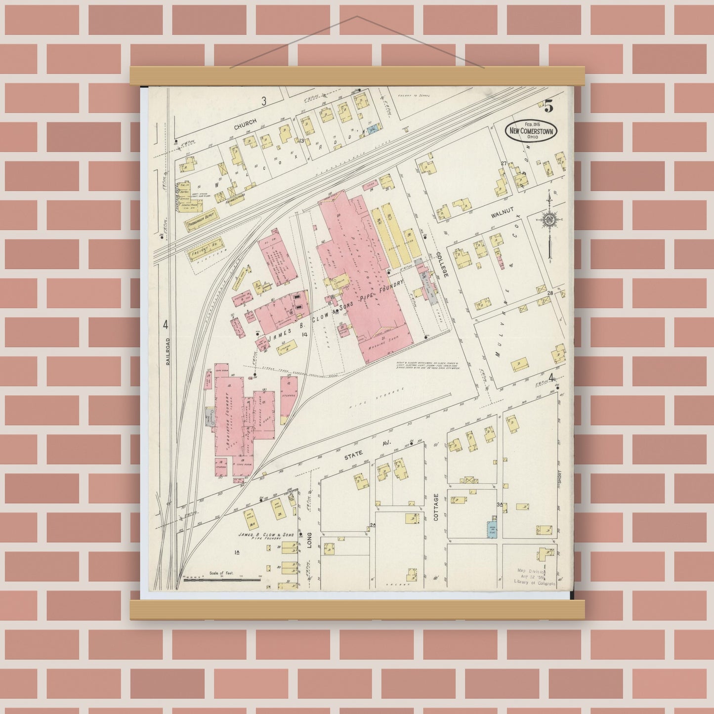 Old map wall art mockup — magnetic wood frame on brick wall — Sanborn Fire Insurance Map from Newcomerstown, Tuscarawas County, Ohio (1915), Sheet #0005