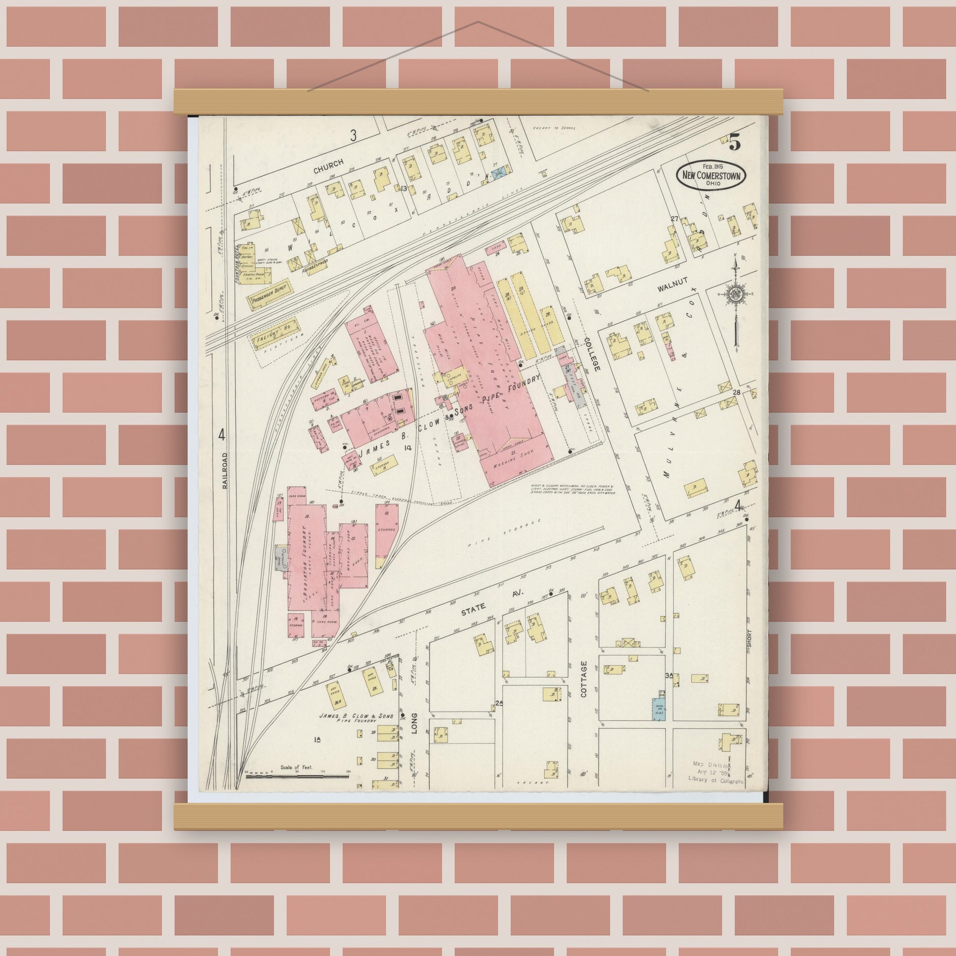 Old map wall art mockup — magnetic wood frame on brick wall — Sanborn Fire Insurance Map from Newcomerstown, Tuscarawas County, Ohio (1915), Sheet #0005