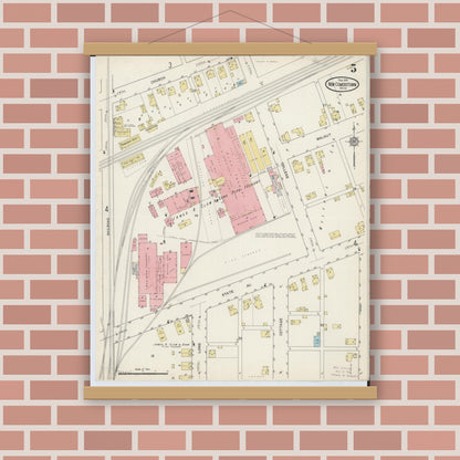 Old map wall art mockup — magnetic wood frame on brick wall — Sanborn Fire Insurance Map from Newcomerstown, Tuscarawas County, Ohio (1915), Sheet #0005