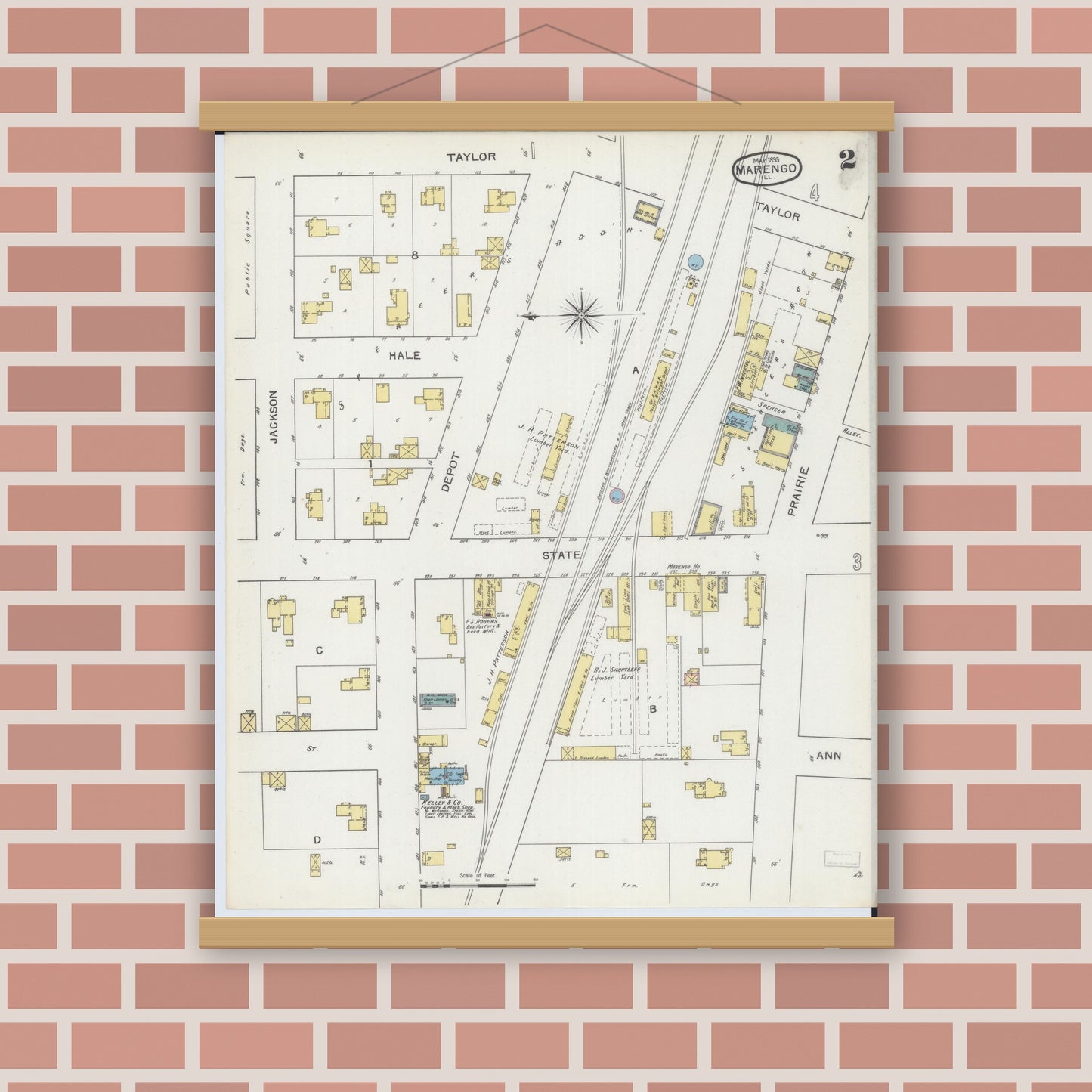 Old map wall art mockup — magnetic wood frame on brick wall — Sanborn Fire Insurance Map from Marengo, McHenry County, Illinois (1893), Sheet #0002