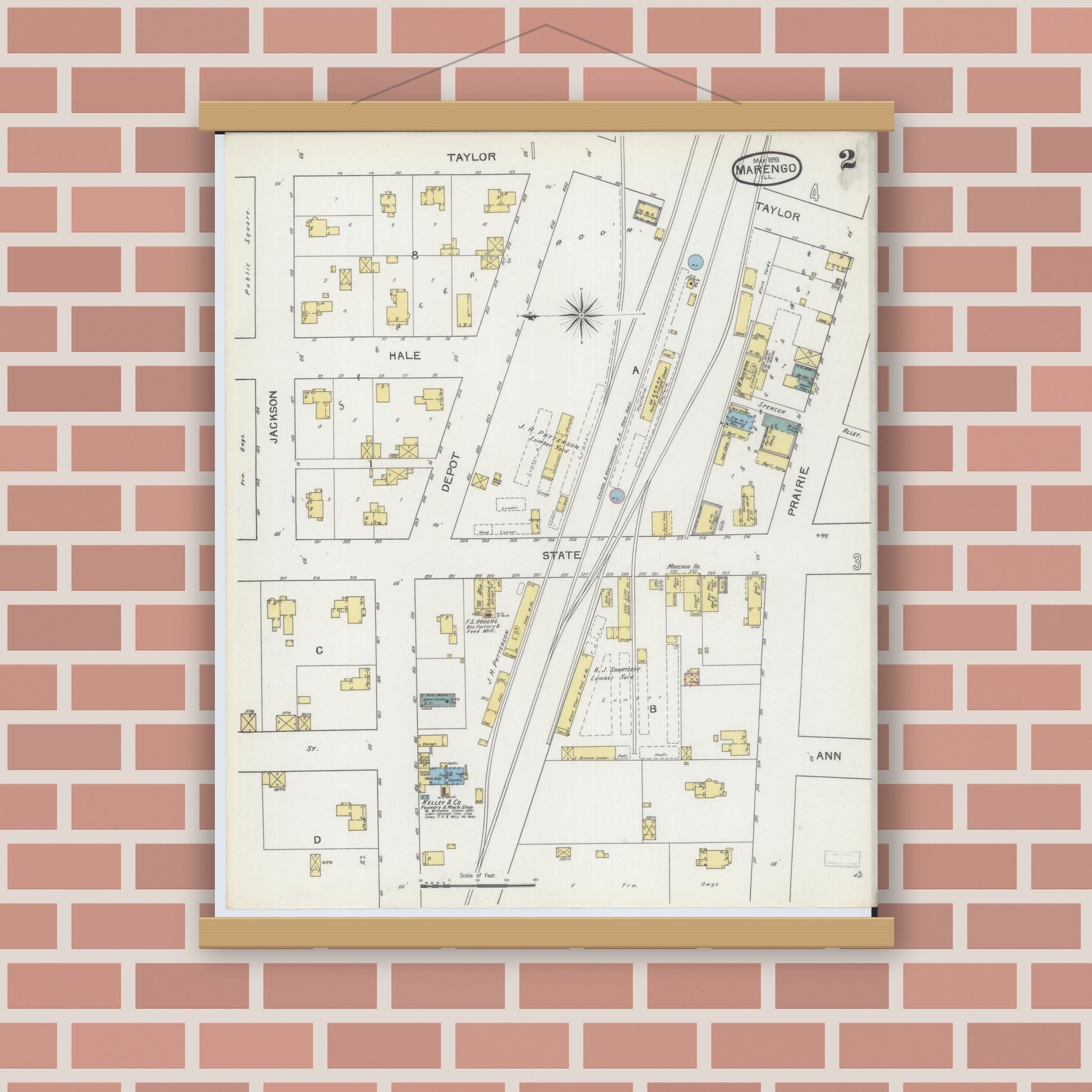 Old map wall art mockup — magnetic wood frame on brick wall — Sanborn Fire Insurance Map from Marengo, McHenry County, Illinois (1893), Sheet #0002