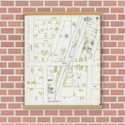 Old map wall art mockup — magnetic wood frame on brick wall — Sanborn Fire Insurance Map from Marengo, McHenry County, Illinois (1893), Sheet #0002