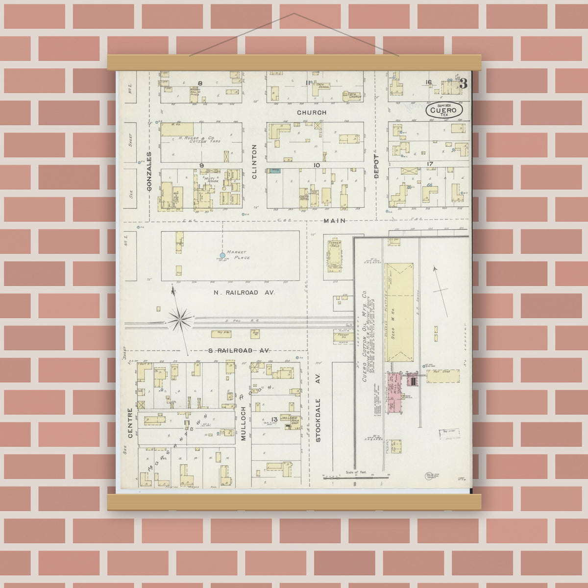 Old map wall art mockup — magnetic wood frame on brick wall — Sanborn Fire Insurance Map from Cuero, De Witt County, Texas (1891), Sheet #0003