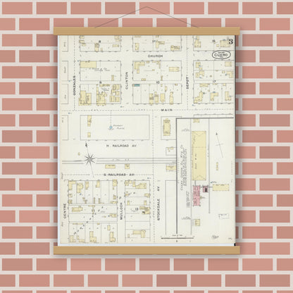 Old map wall art mockup — magnetic wood frame on brick wall — Sanborn Fire Insurance Map from Cuero, De Witt County, Texas (1891), Sheet #0003