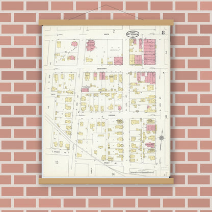 Old map wall art mockup — magnetic wood frame on brick wall — Sanborn Fire Insurance Map from Mount Vernon, Jefferson County, Illinois (1913), Sheet #0008