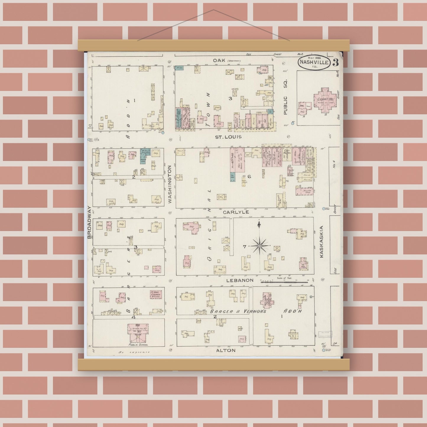 Old map wall art mockup — magnetic wood frame on brick wall — Sanborn Fire Insurance Map from Nashville, Washington County, Illinois (1886), Sheet #0003