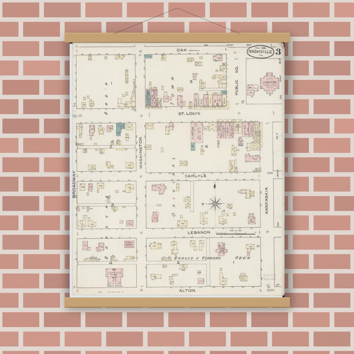 Old map wall art mockup — magnetic wood frame on brick wall — Sanborn Fire Insurance Map from Nashville, Washington County, Illinois (1886), Sheet #0003