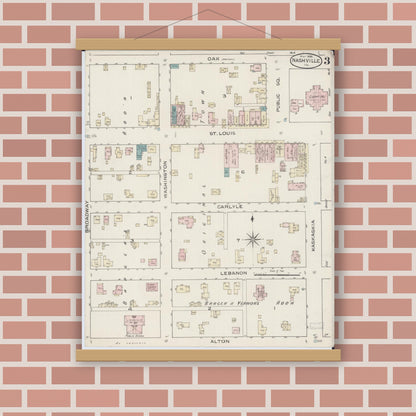 Old map wall art mockup — magnetic wood frame on brick wall — Sanborn Fire Insurance Map from Nashville, Washington County, Illinois (1886), Sheet #0003