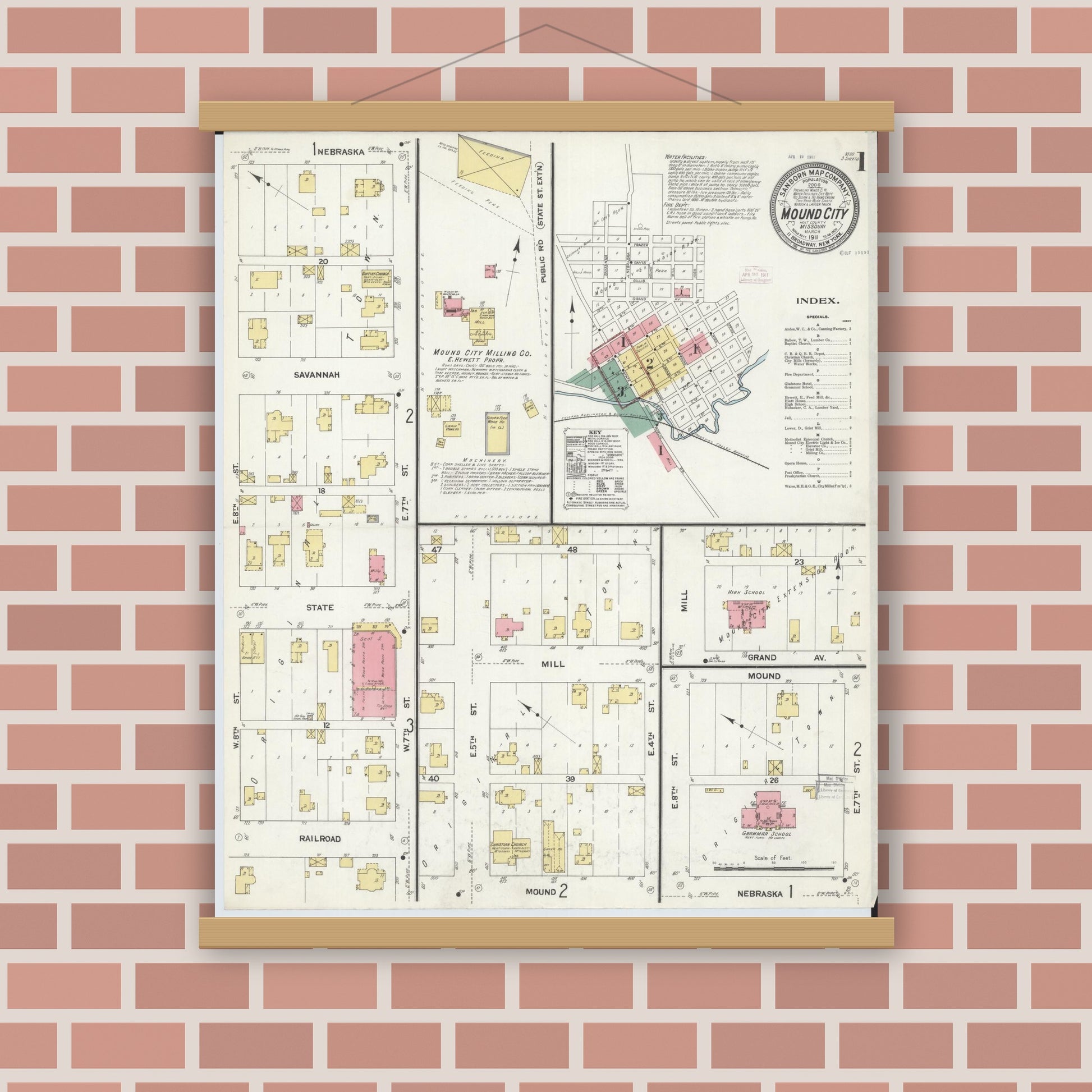 Old map wall art mockup — magnetic wood frame on brick wall — Sanborn Fire Insurance Map from Mound City, Holt County, Missouri (1911), Sheet #0001