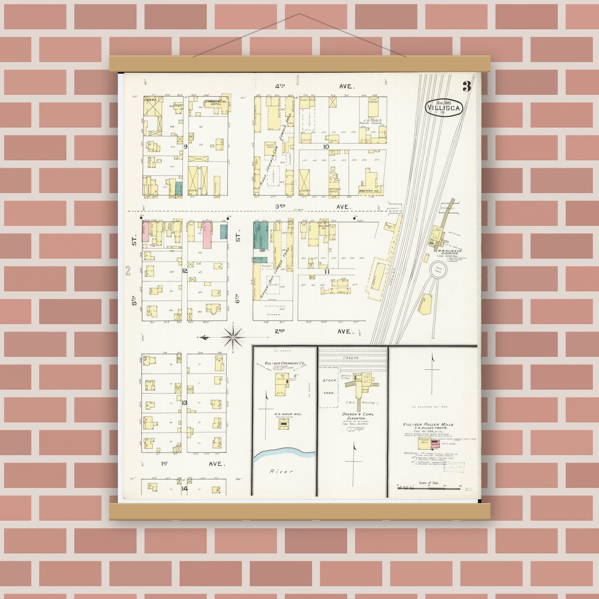 Old map wall art mockup — magnetic wood frame on brick wall — Sanborn Fire Insurance Map from Villisca, Montgomery County, Iowa (1893), Sheet #0003