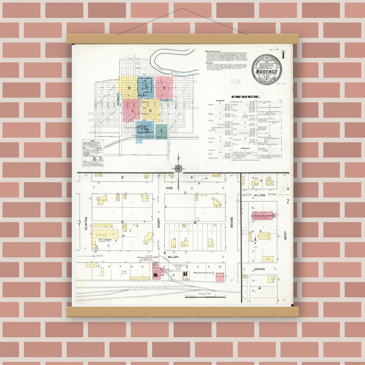 Old map wall art mockup — magnetic wood frame on brick wall — Sanborn Fire Insurance Map from Marengo, Iowa County, Iowa (1911), Sheet #0001