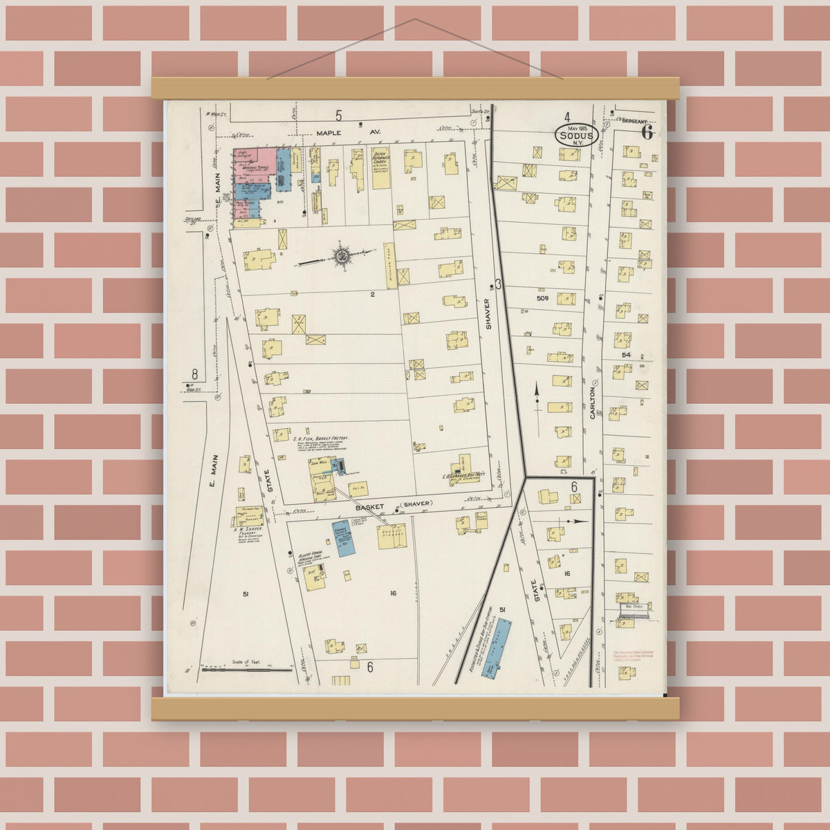 Old map wall art mockup — magnetic wood frame on brick wall — Sanborn Fire Insurance Map from Sodus, Wayne County, New York (1915), Sheet #0006