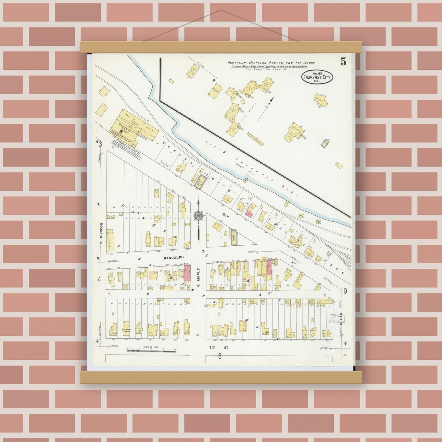 Old map wall art mockup — magnetic wood frame on brick wall — Sanborn Fire Insurance Map from Traverse City, Grand Traverse County, Michigan (1910), Sheet #0005