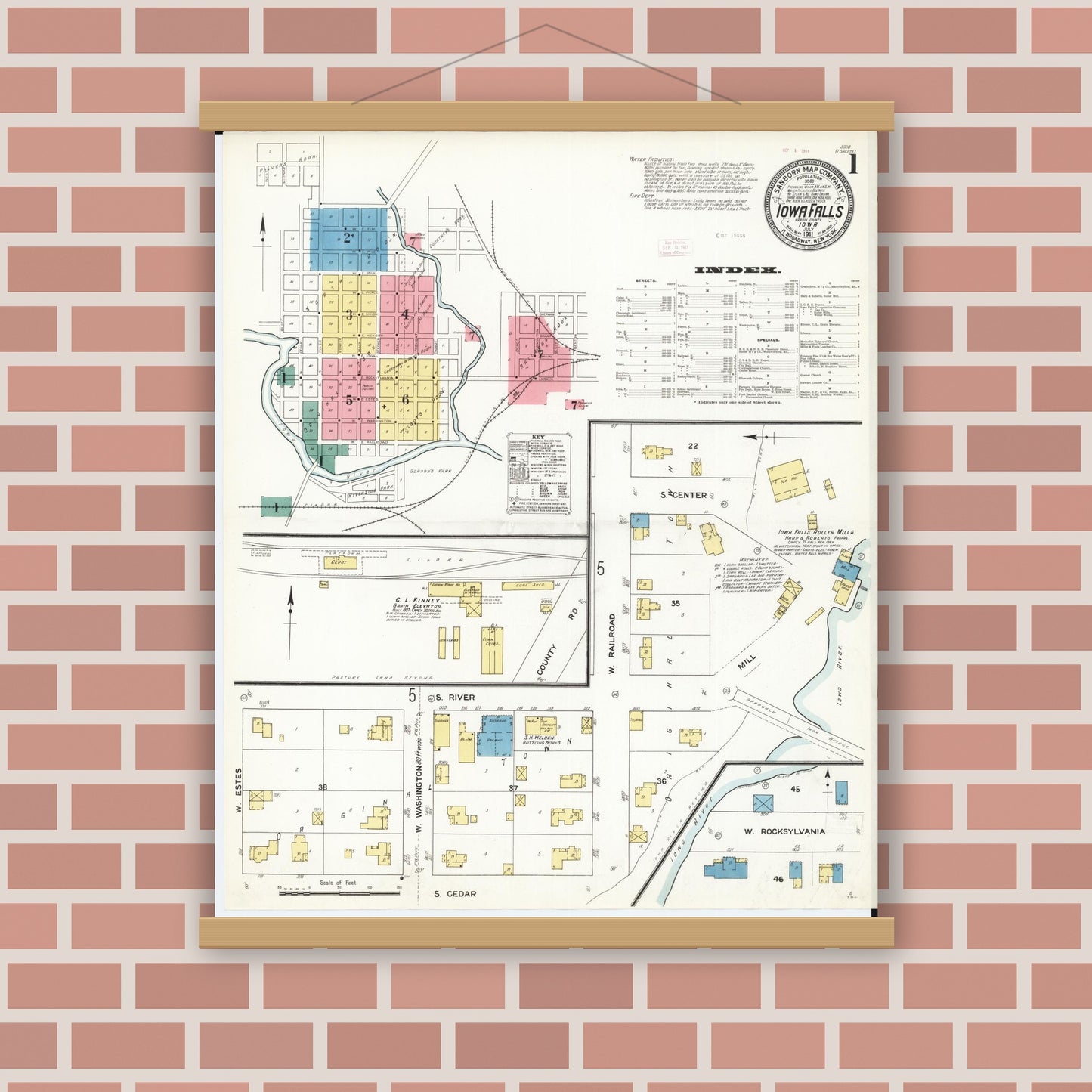 Old map wall art mockup — magnetic wood frame on brick wall — Sanborn Fire Insurance Map from Iowa Falls, Hardin County, Iowa (1911) â€” Complete Set