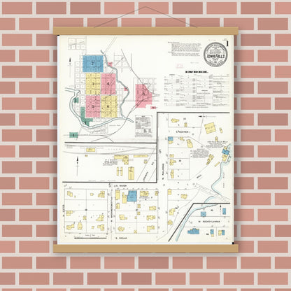 Old map wall art mockup — magnetic wood frame on brick wall — Sanborn Fire Insurance Map from Iowa Falls, Hardin County, Iowa (1911) â€” Complete Set