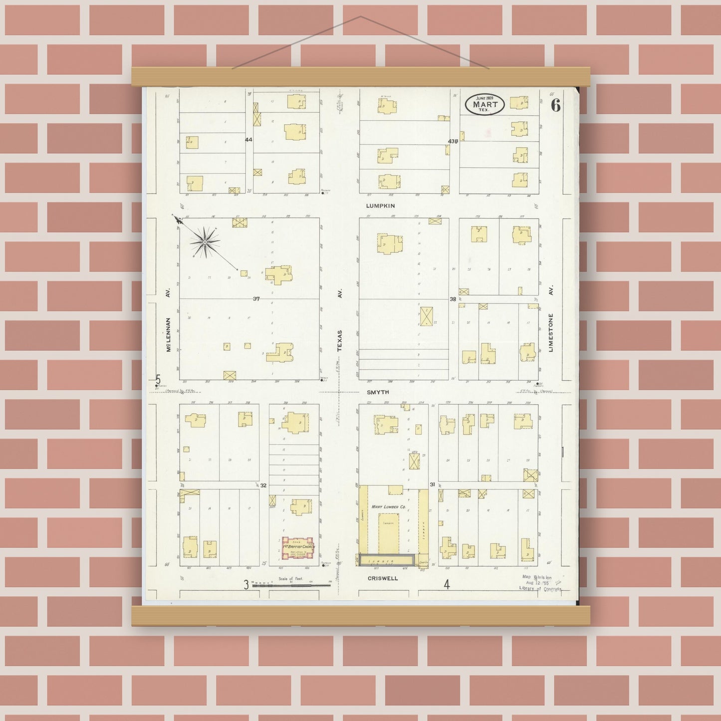 Old map wall art mockup — magnetic wood frame on brick wall — Sanborn Fire Insurance Map from Mart, McLennan County, Texas (1909), Sheet #0006