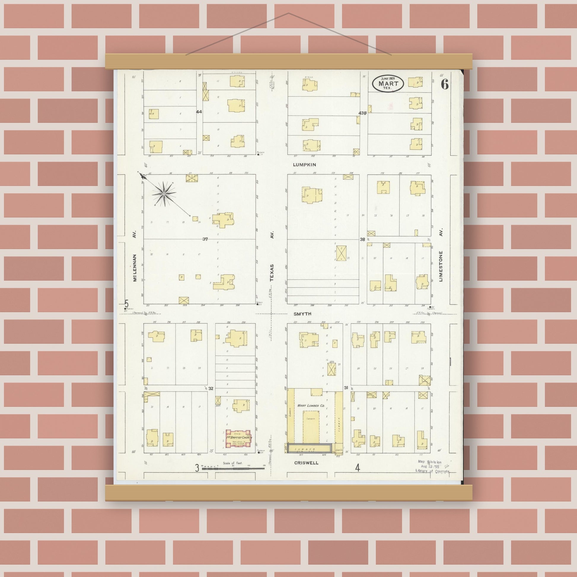 Old map wall art mockup — magnetic wood frame on brick wall — Sanborn Fire Insurance Map from Mart, McLennan County, Texas (1909), Sheet #0006