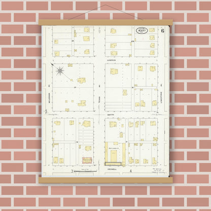 Old map wall art mockup — magnetic wood frame on brick wall — Sanborn Fire Insurance Map from Mart, McLennan County, Texas (1909), Sheet #0006
