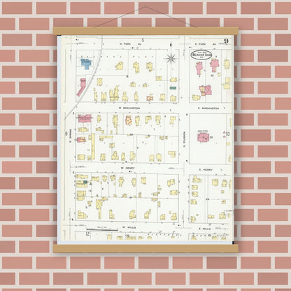 Old map wall art mockup — magnetic wood frame on brick wall — Sanborn Fire Insurance Map from Beaver Dam, Dodge County, Wisconsin (1909), Sheet #0009