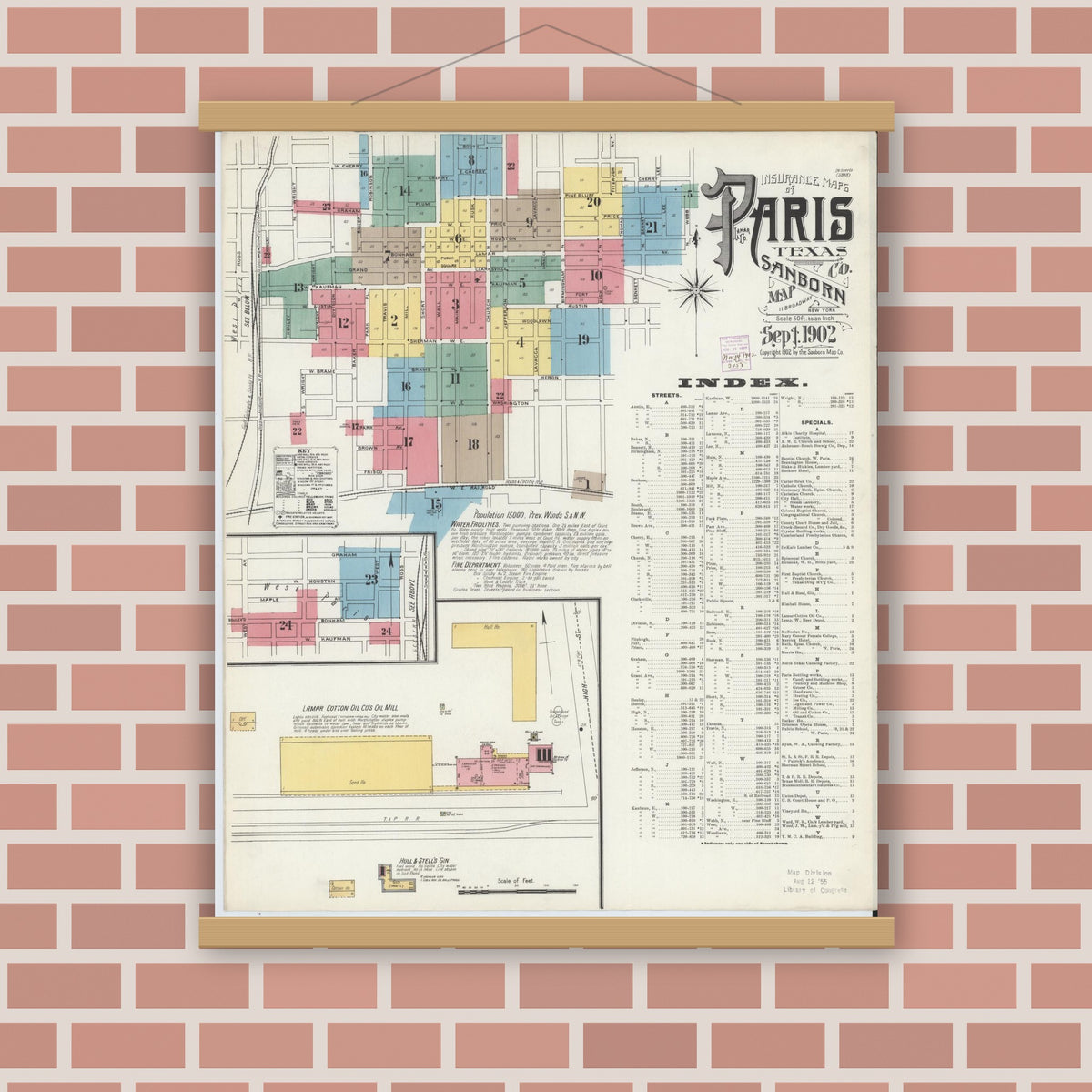 Old map wall art mockup — magnetic wood frame on brick wall — Sanborn Fire Insurance Map from Paris, Lamar County, Texas (1902) - Complete Map Set