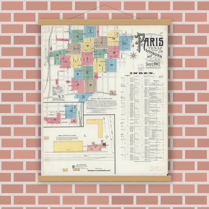 Old map wall art mockup — magnetic wood frame on brick wall — Sanborn Fire Insurance Map from Paris, Lamar County, Texas (1902) - Complete Map Set