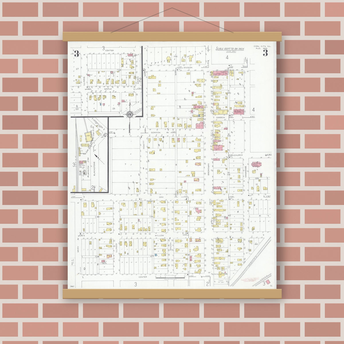 Old map wall art mockup — magnetic wood frame on brick wall — Sanborn Fire Insurance Map from Coal City, Grundy County, Illinois (1933), Sheet #0003