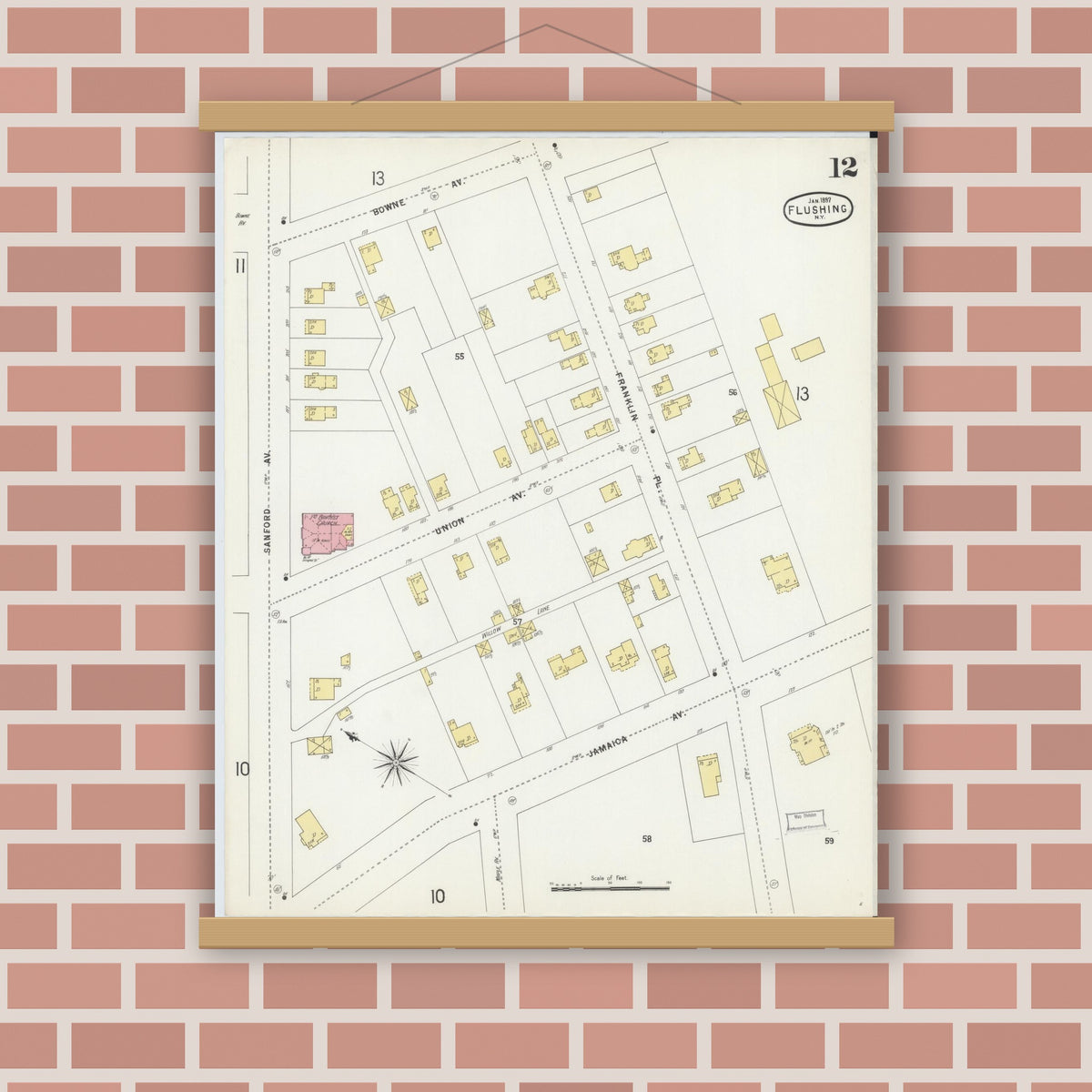 Old map wall art mockup — magnetic wood frame on brick wall — Sanborn Fire Insurance Map from Flushing, Queens County, New York (1897), Sheet #0012