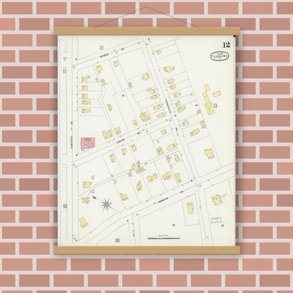 Old map wall art mockup — magnetic wood frame on brick wall — Sanborn Fire Insurance Map from Flushing, Queens County, New York (1897), Sheet #0012